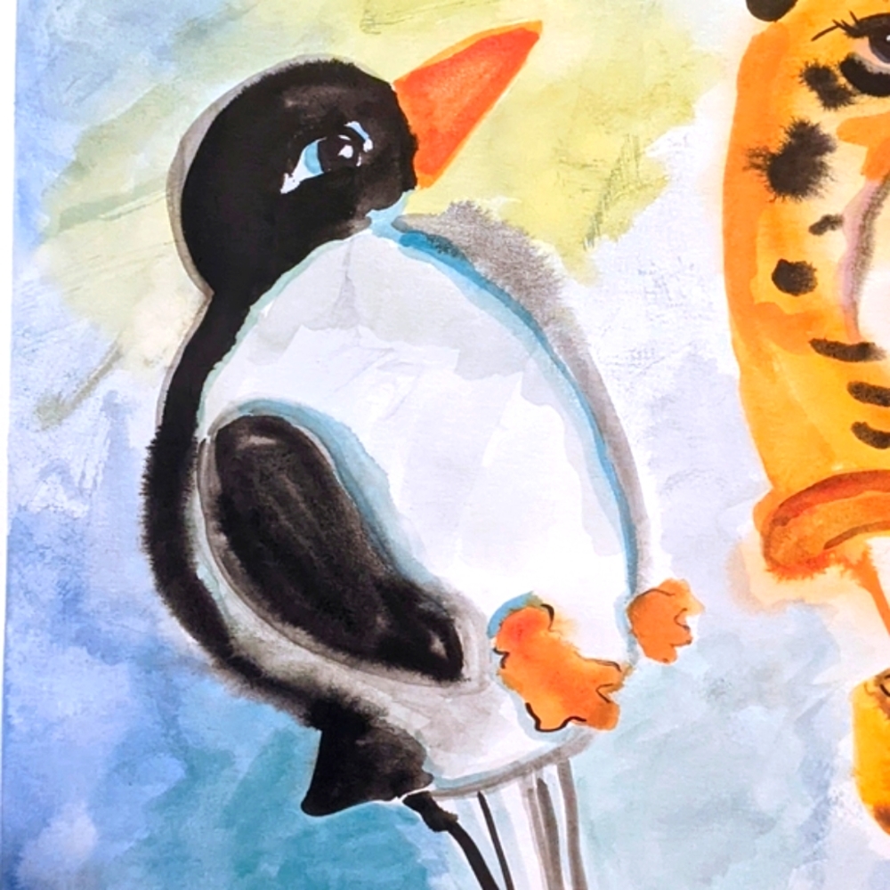 Large Watercolor Painting "Air Balloon Animals"